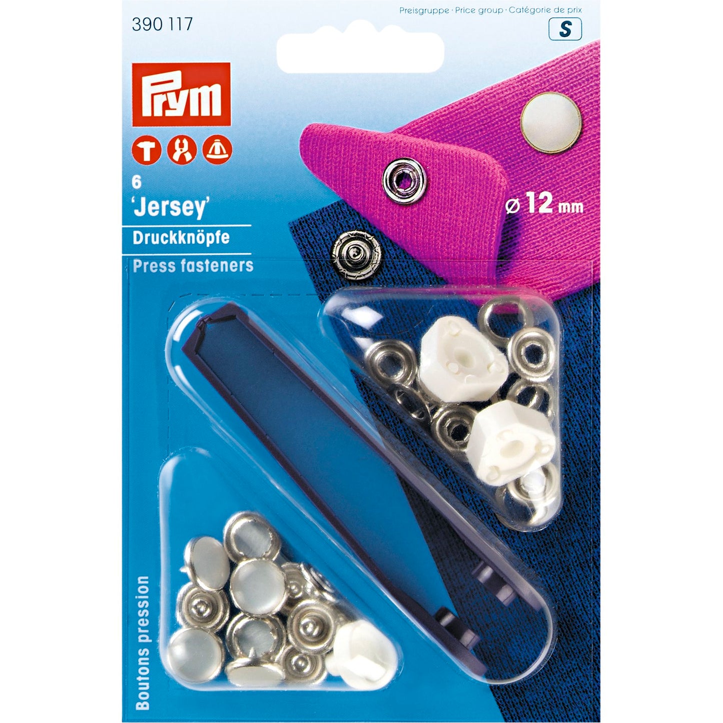 Non-sew press fastener jersey, pearl cap, 12mm