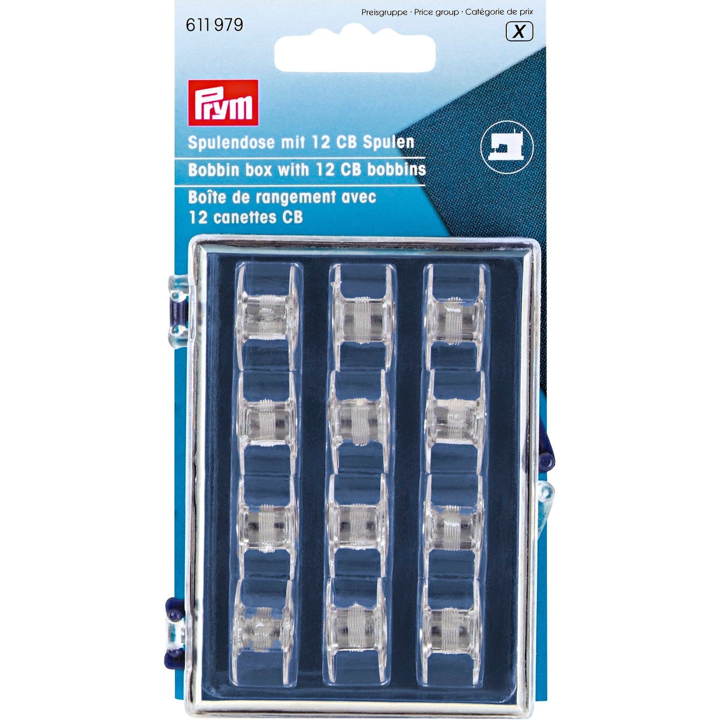 Bobbin box + 12 CB plastic sew m/c bobbins 3 x 7 x 9 cm