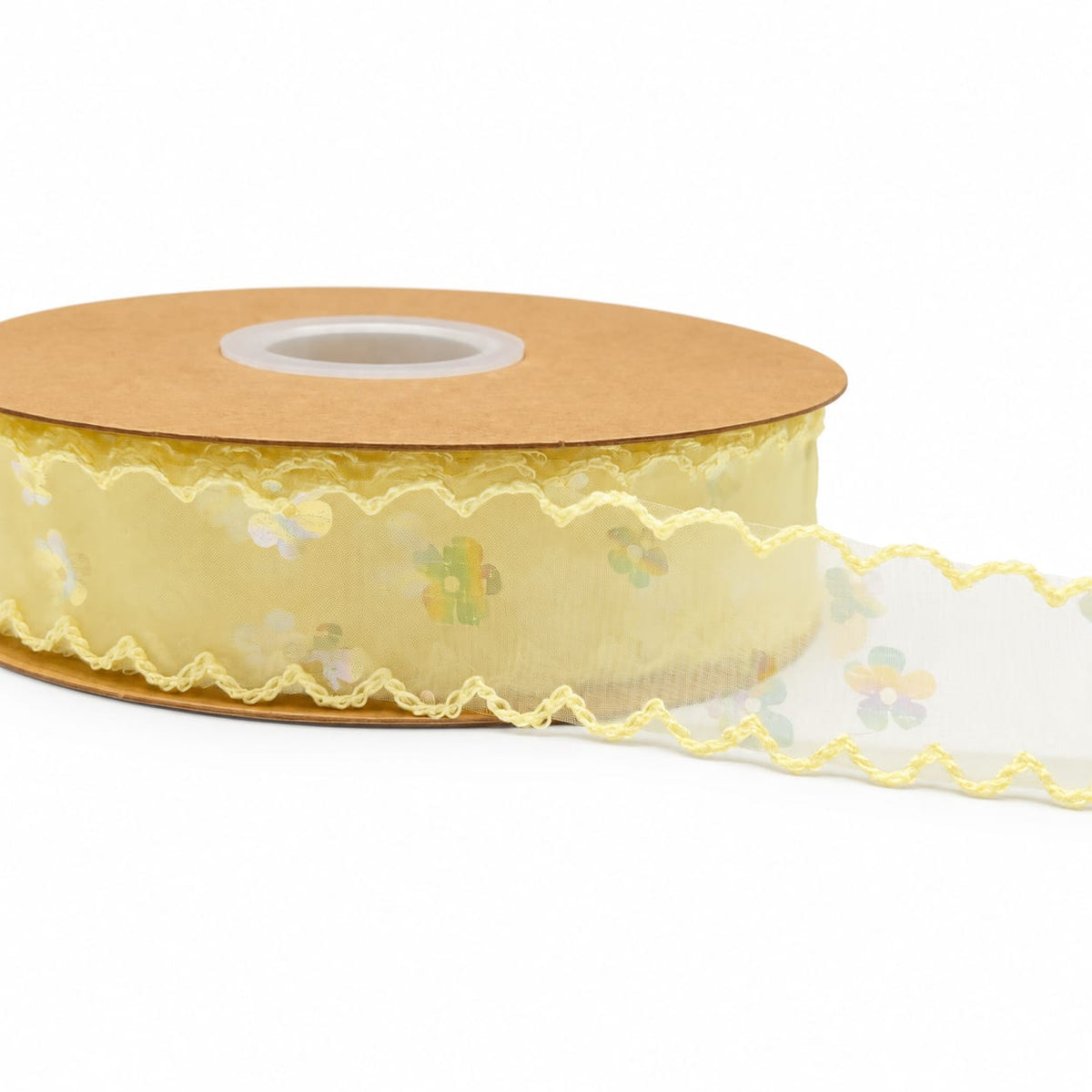 A roll of pale yellow sheer lace ribbon with a scalloped edge and a small multicolor floral pattern, shown on a white background.
