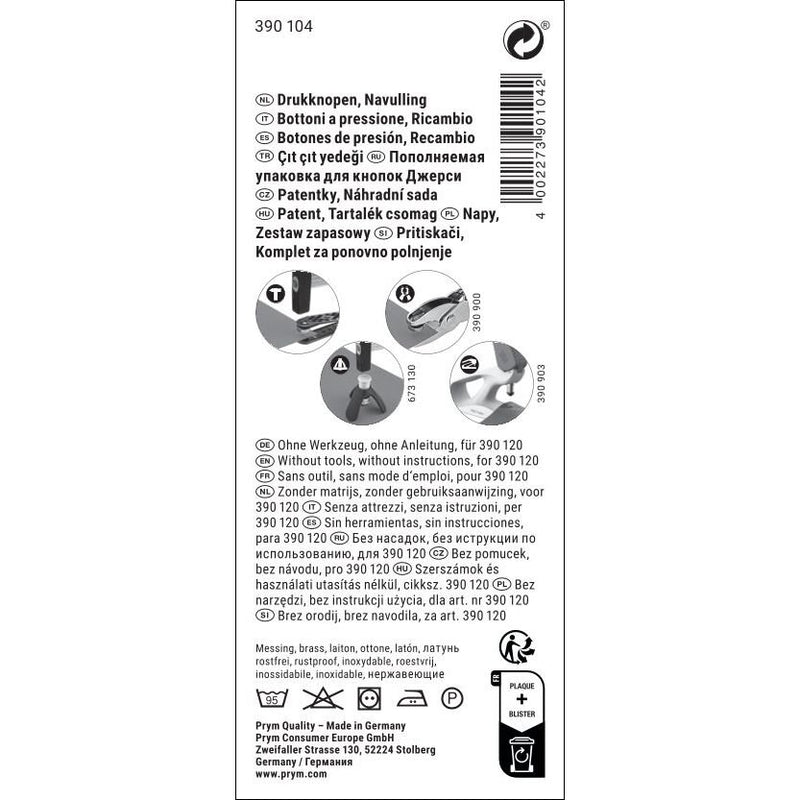 Non-sew refill for 390120, smooth cap, 10mm, silver-coloured