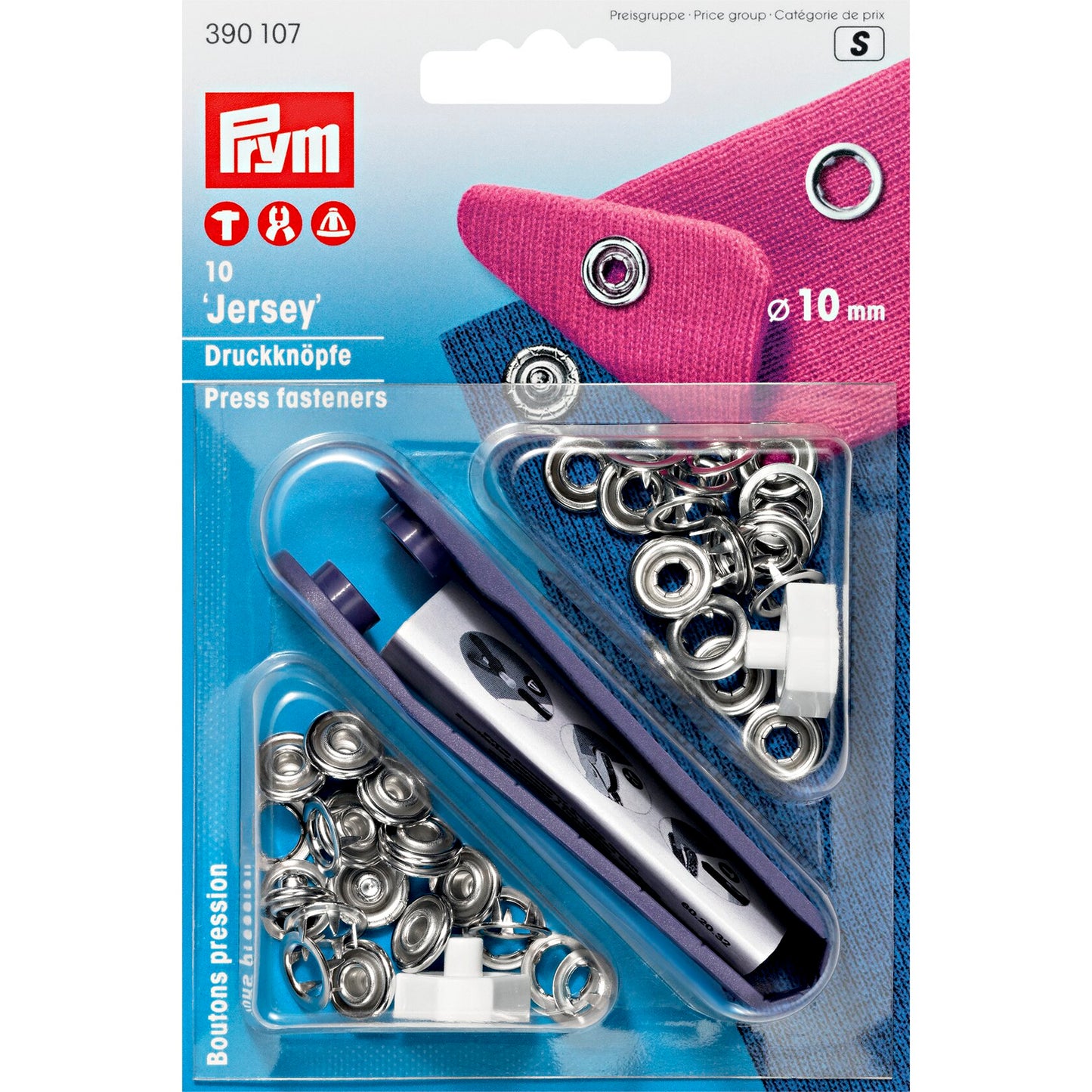 Non-sew press fastener jersey, retaining ring, 10mm, silver-coloured