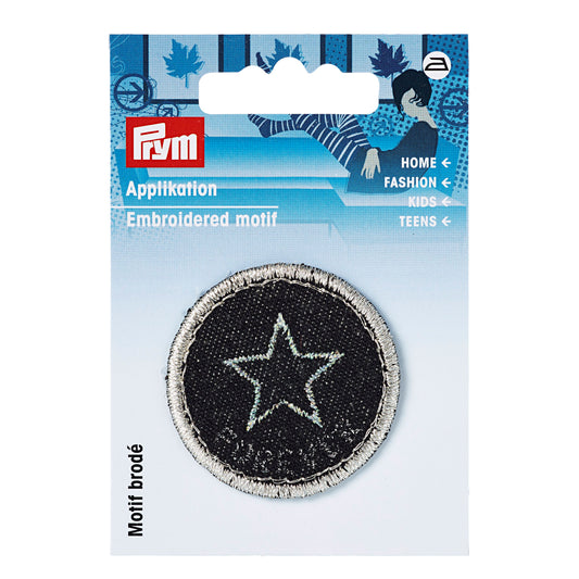 Applique jeans label, black, round, star