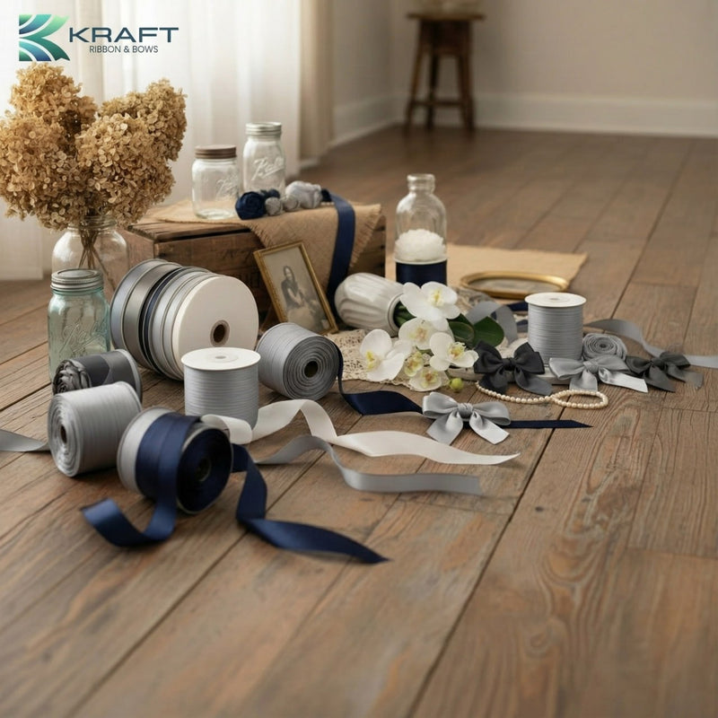 PREMIUM DOUBLE FACE SATIN RIBBON WHITE GREY AND BLACK SERIES