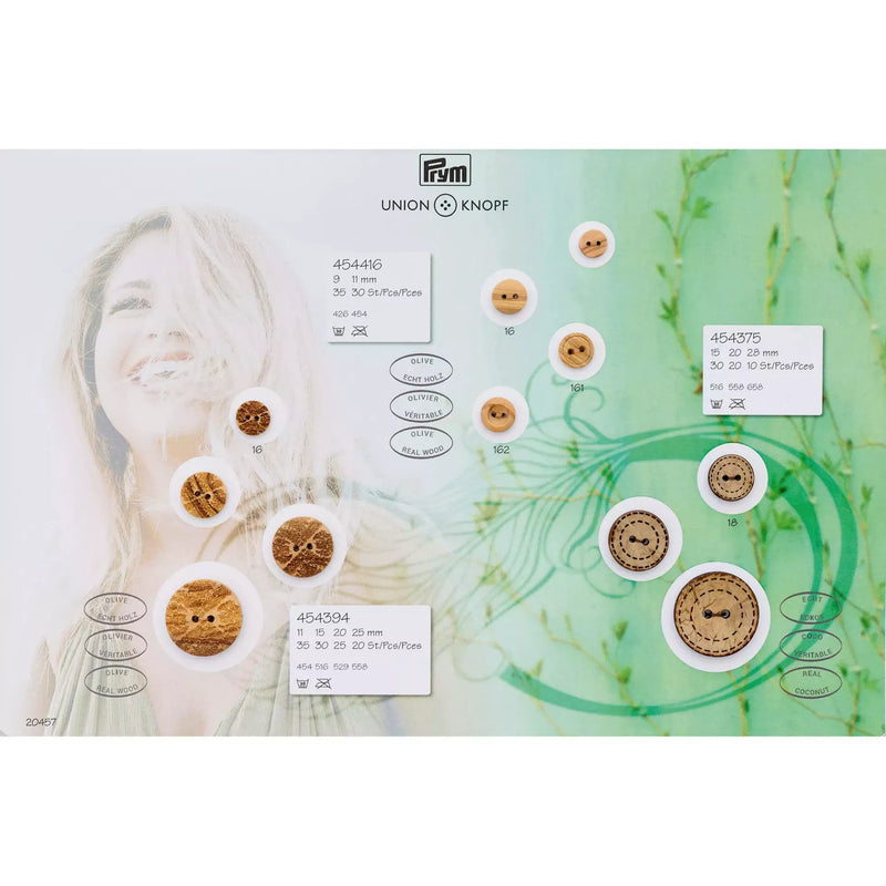 Wood button 2-holes, without border, 9mm,11mm