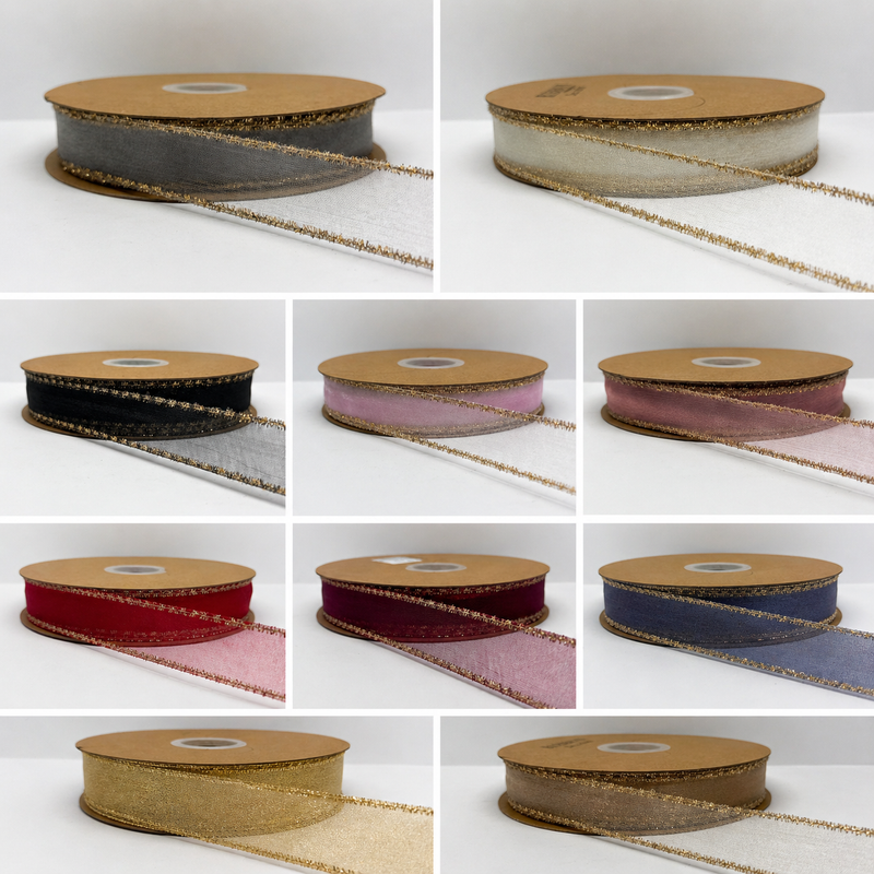 Elegant Organza Ribbon Collection with Gold Edges-25MM