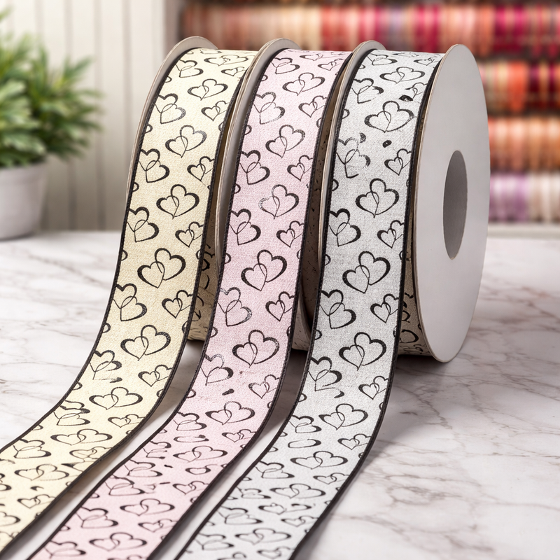 Elegant Heart Print Ribbon Roll -25MM