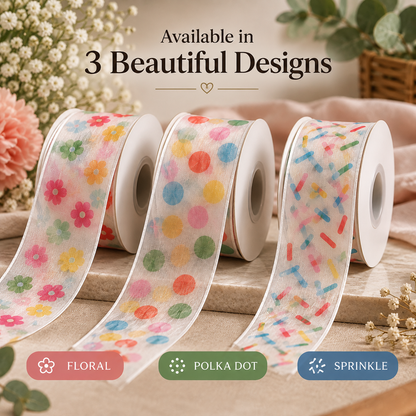 Printed Organza Ribbon – Multicolor Floral & Confetti Designs | 25mm Width | 25 Yards