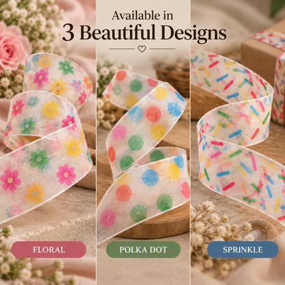 Printed Organza Ribbon – Multicolor Floral & Confetti Designs | 25mm Width | 25 Yards