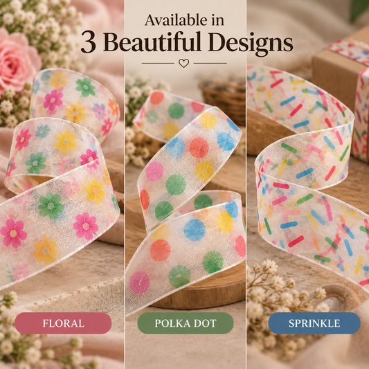 Printed Organza Ribbon – Multicolor Floral & Confetti Designs | 25mm Width | 25 Yards