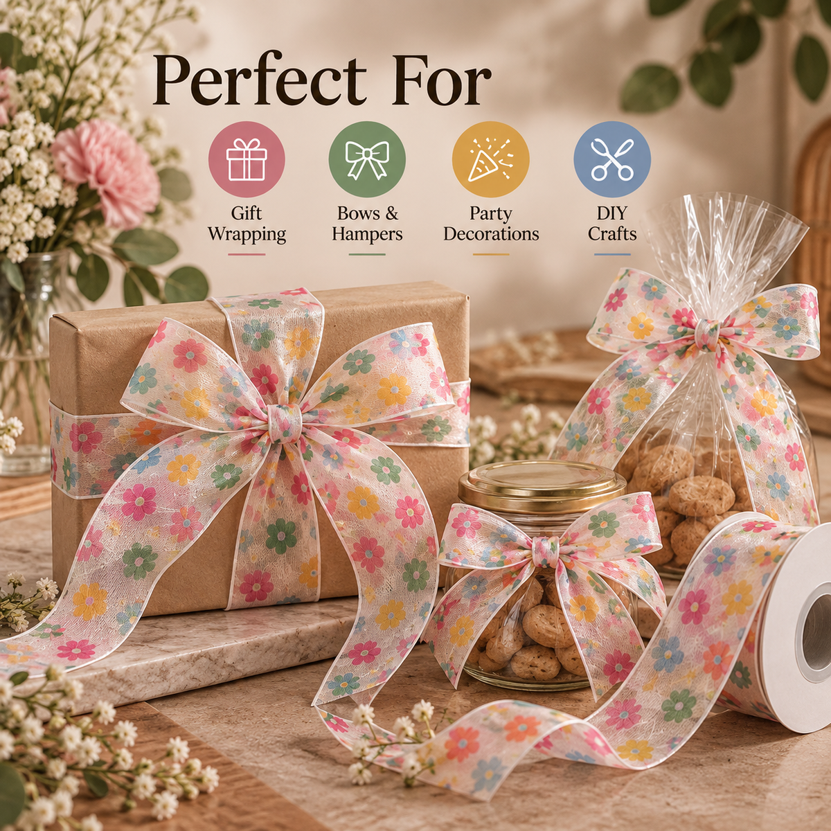 Printed Organza Ribbon – Multicolor Floral & Confetti Designs | 25mm Width | 25 Yards