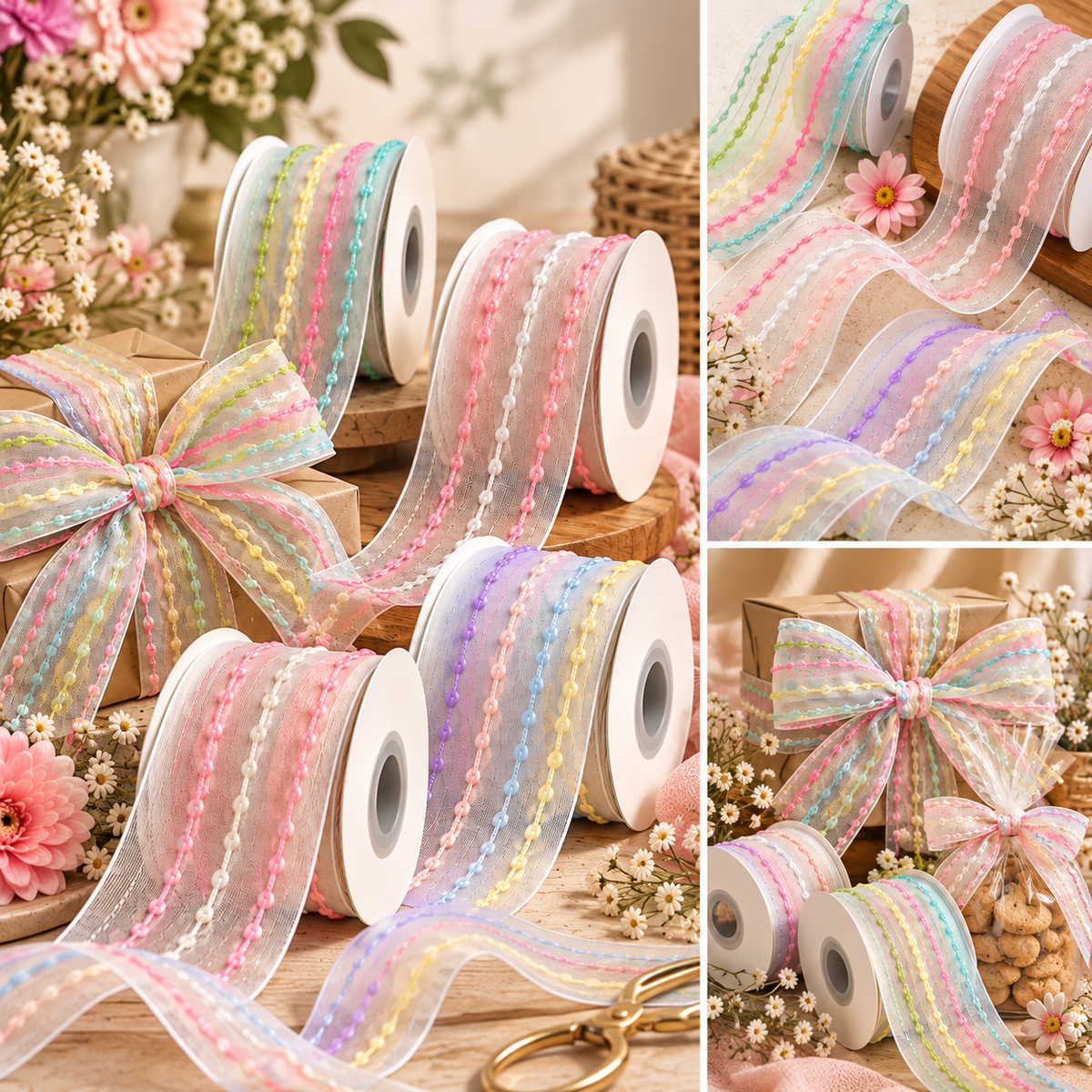 Pastel Thread Work Organza Ribbon – 25mm (2.5cm) | 10 Yards