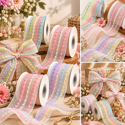 Pastel Thread Work Organza Ribbon – 25mm (2.5cm) | 10 Yards