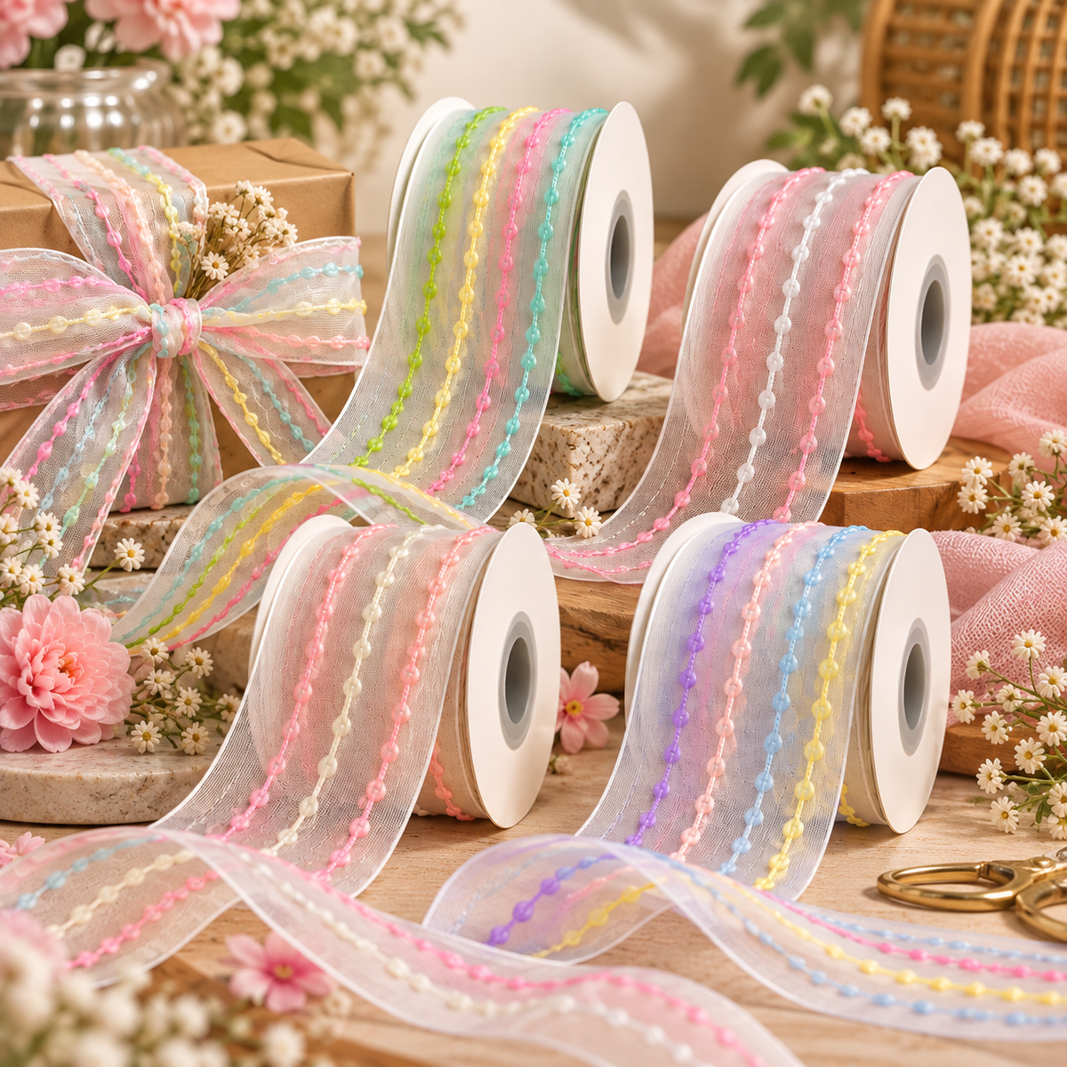 Pastel Thread Work Organza Ribbon – 25mm (2.5cm) | 10 Yards