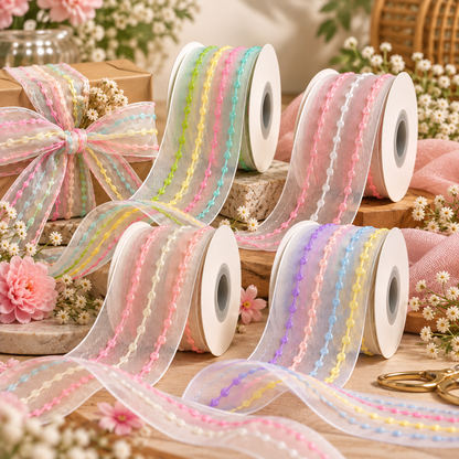 Pastel Thread Work Organza Ribbon – 25mm (2.5cm) | 10 Yards