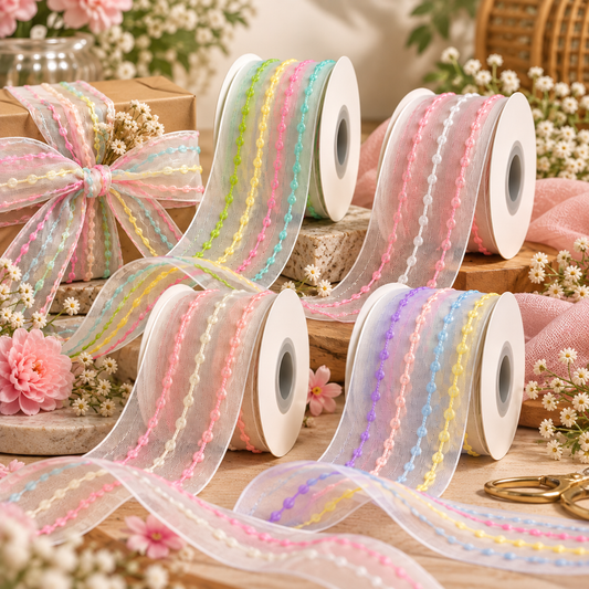 Pastel Thread Work Organza Ribbon – 25mm (2.5cm) | 10 Yards