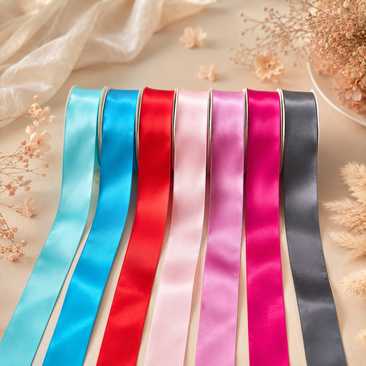 38mm Premium Double Face Satin Ribbon White, Grey, Pink, Red, Blue Series