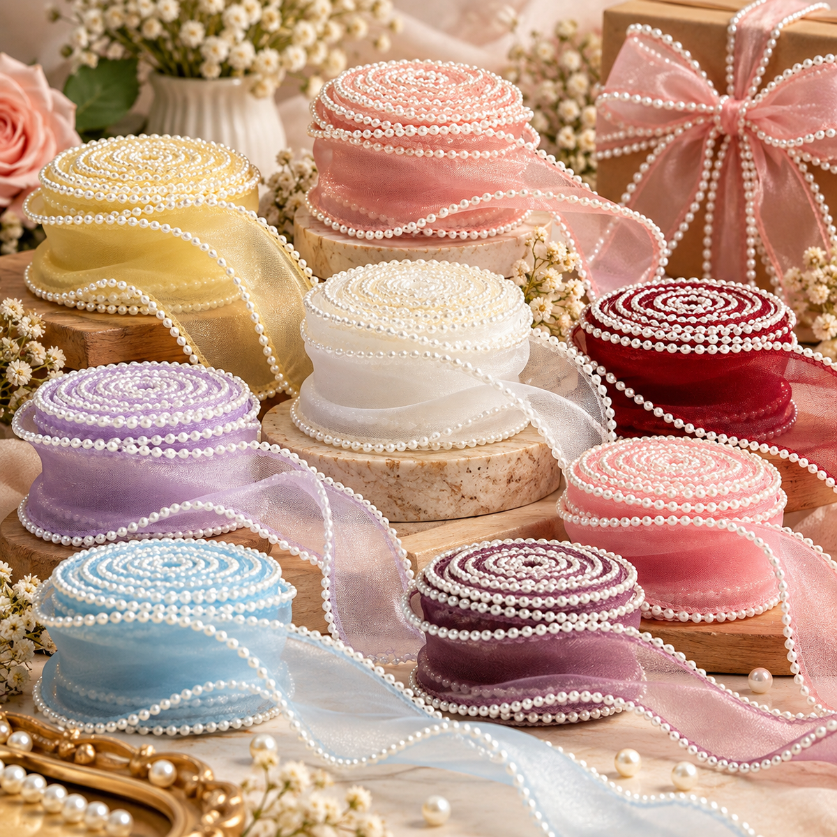 Pearl Edge Organza Ribbon – 4 cm | 5 Yards