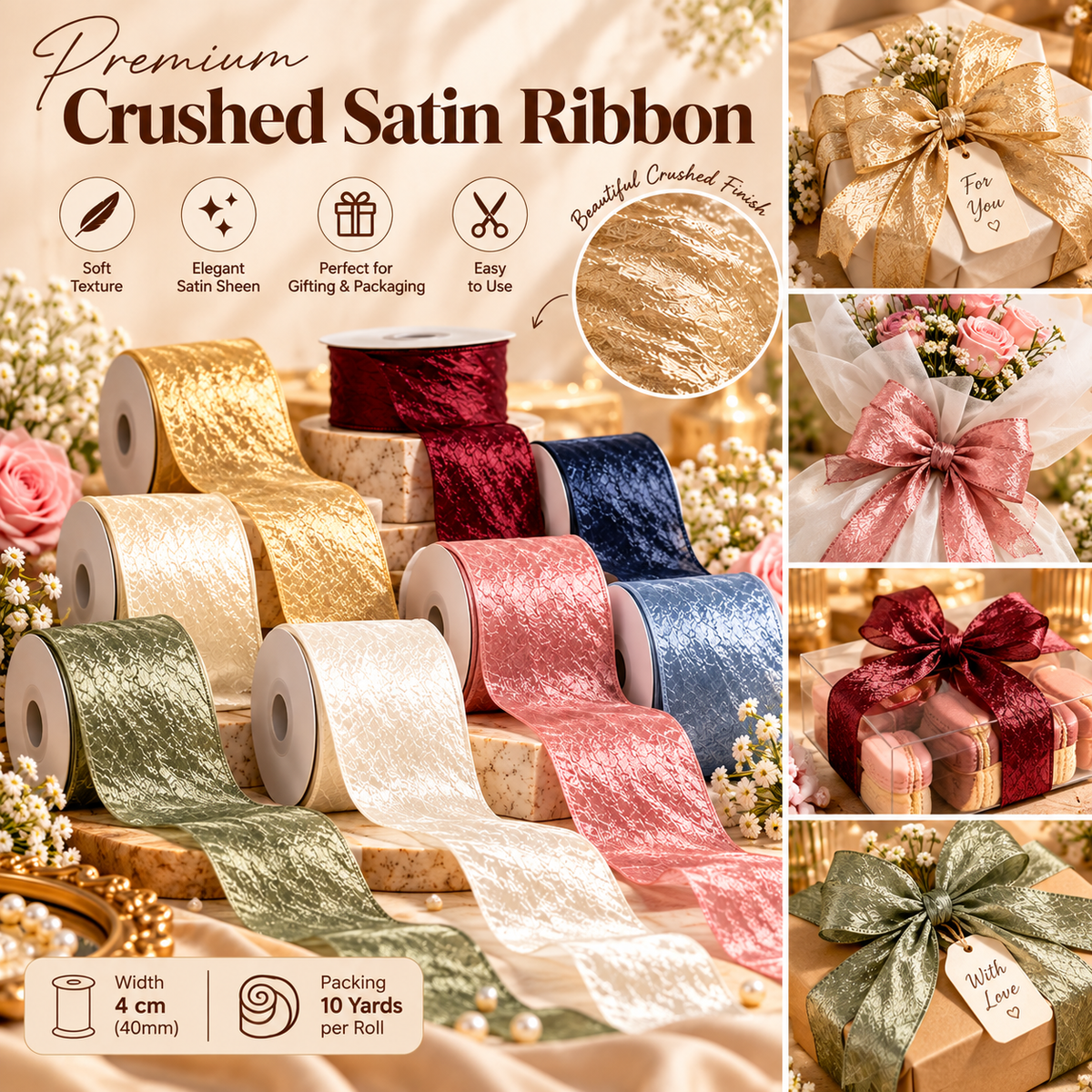 Soft Luxe Satin Ribbon – 4cm | 10 Yard Roll