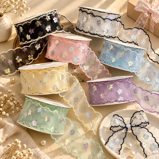 Premium Pastel Daisy Organza Ribbon-4cm-10yards