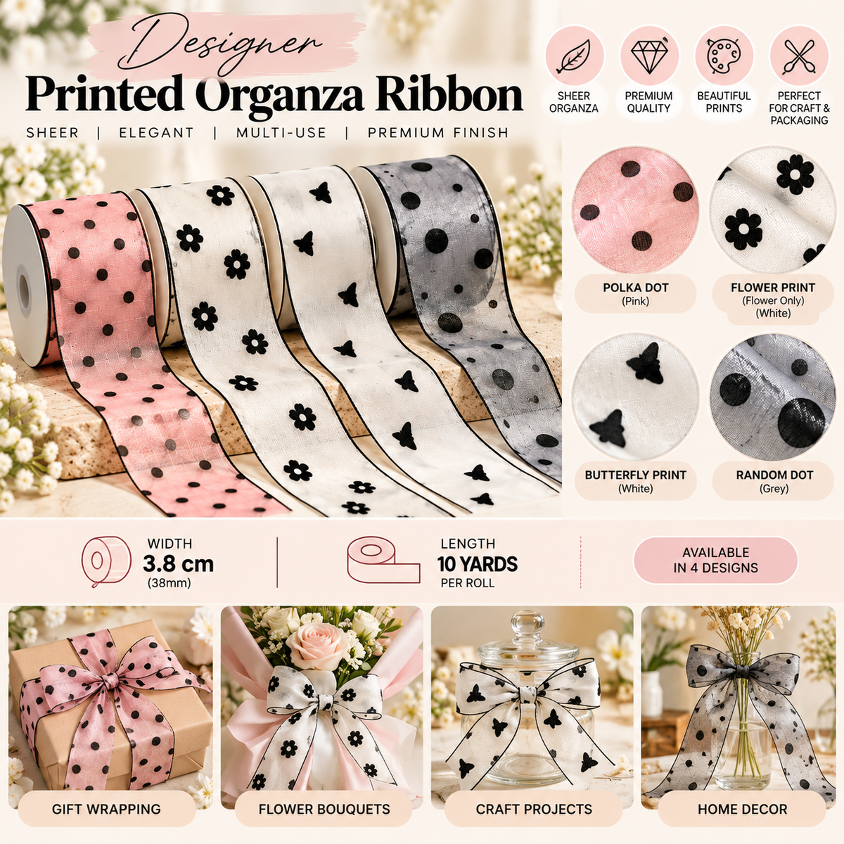 Designer Printed Organza Ribbon | 38mm (3.8cm) | 10 Yards