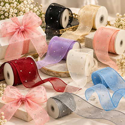 Premium Organza Ribbon with Rhinestone Embellishment – 4cm (40mm), 10 Yards