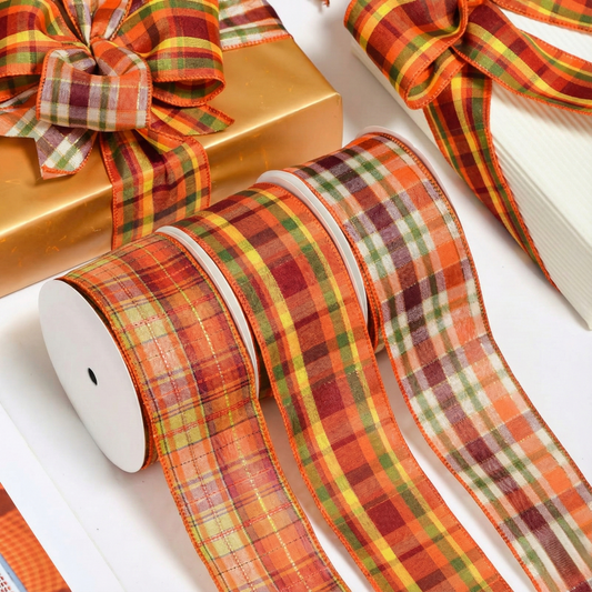 Fall Harvest Linen Burlap Plaid Wire Edge Ribbon (2.5Inch-63MM) 10Yards