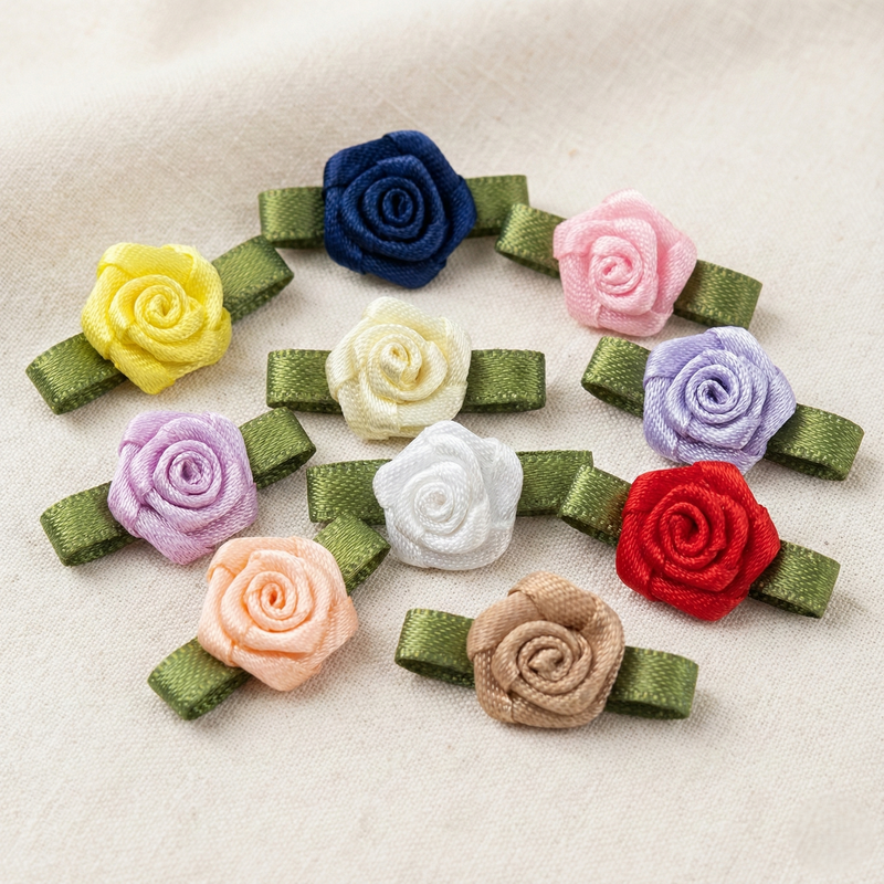 Ribbon Bow Foliage Flower With Single Face Satin (10 PCS)