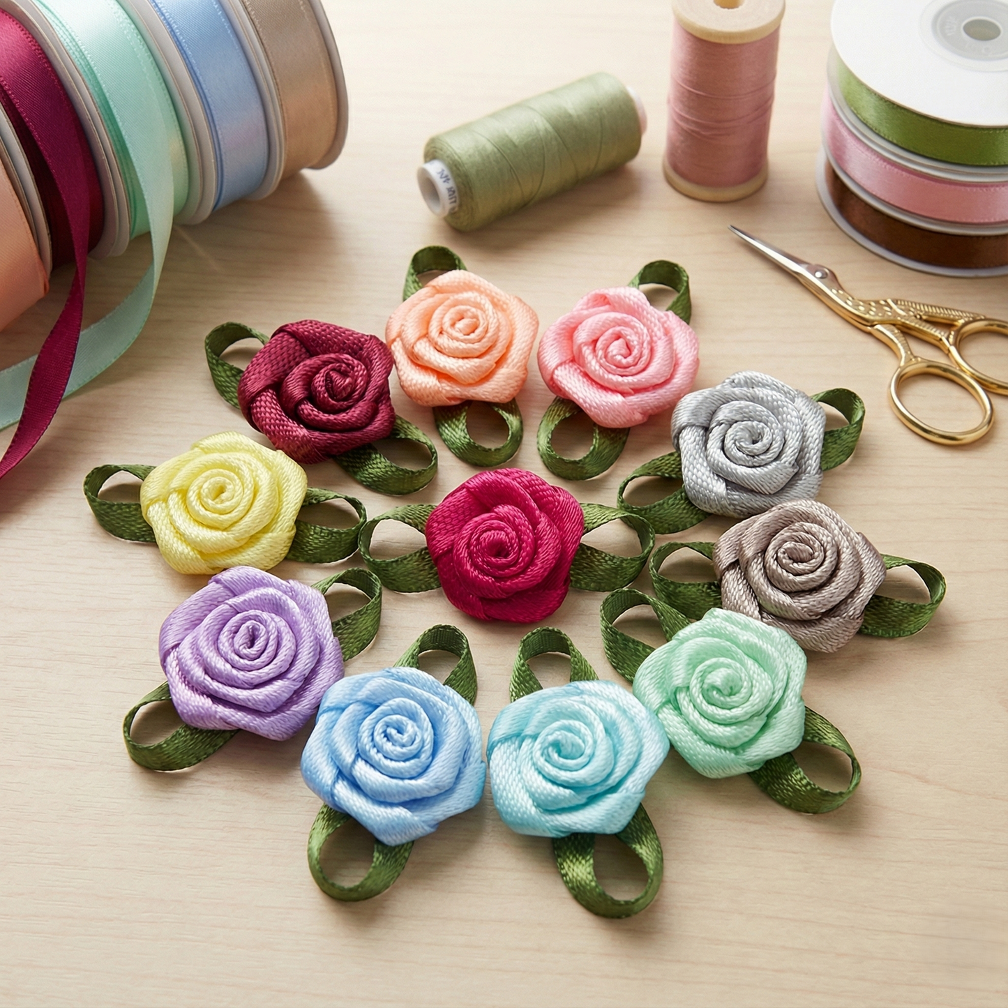 Flower Foliage Single Face Satin Bow (20pcs)