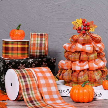 Fall Harvest Linen Burlap Plaid Wire Edge Ribbon (2.5Inch-63MM) 10Yards