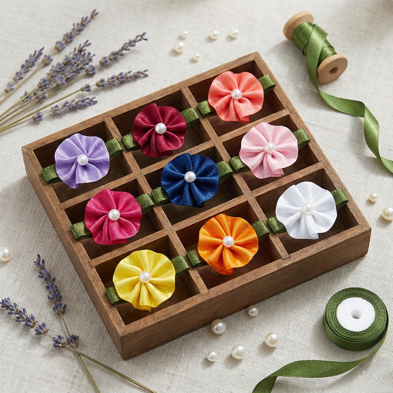 Blush Ribbon Bow with Flower Foliage – Single Face Satin (10pcs)