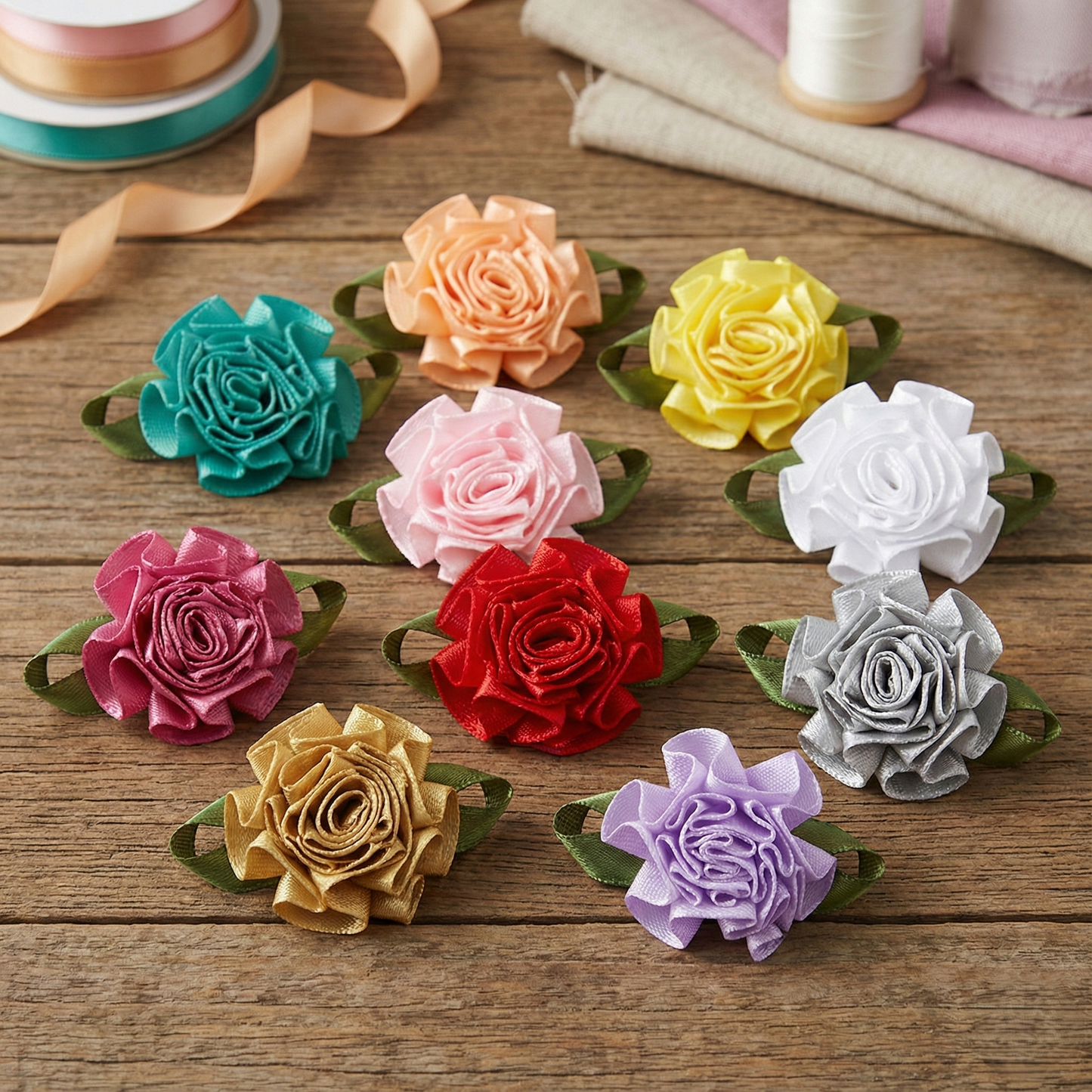 Single‑Face Satin Bow with Foliage Flower Accent (20 PCS)