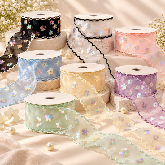 Premium Pastel Daisy Organza Ribbon-4cm-10yards