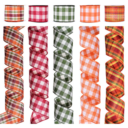 Fall Harvest Linen Burlap Plaid Wire Edge Ribbon (2.5Inch-63MM) 10Yards