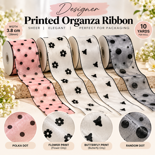 Designer Printed Organza Ribbon | 38mm (3.8cm) | 10 Yards