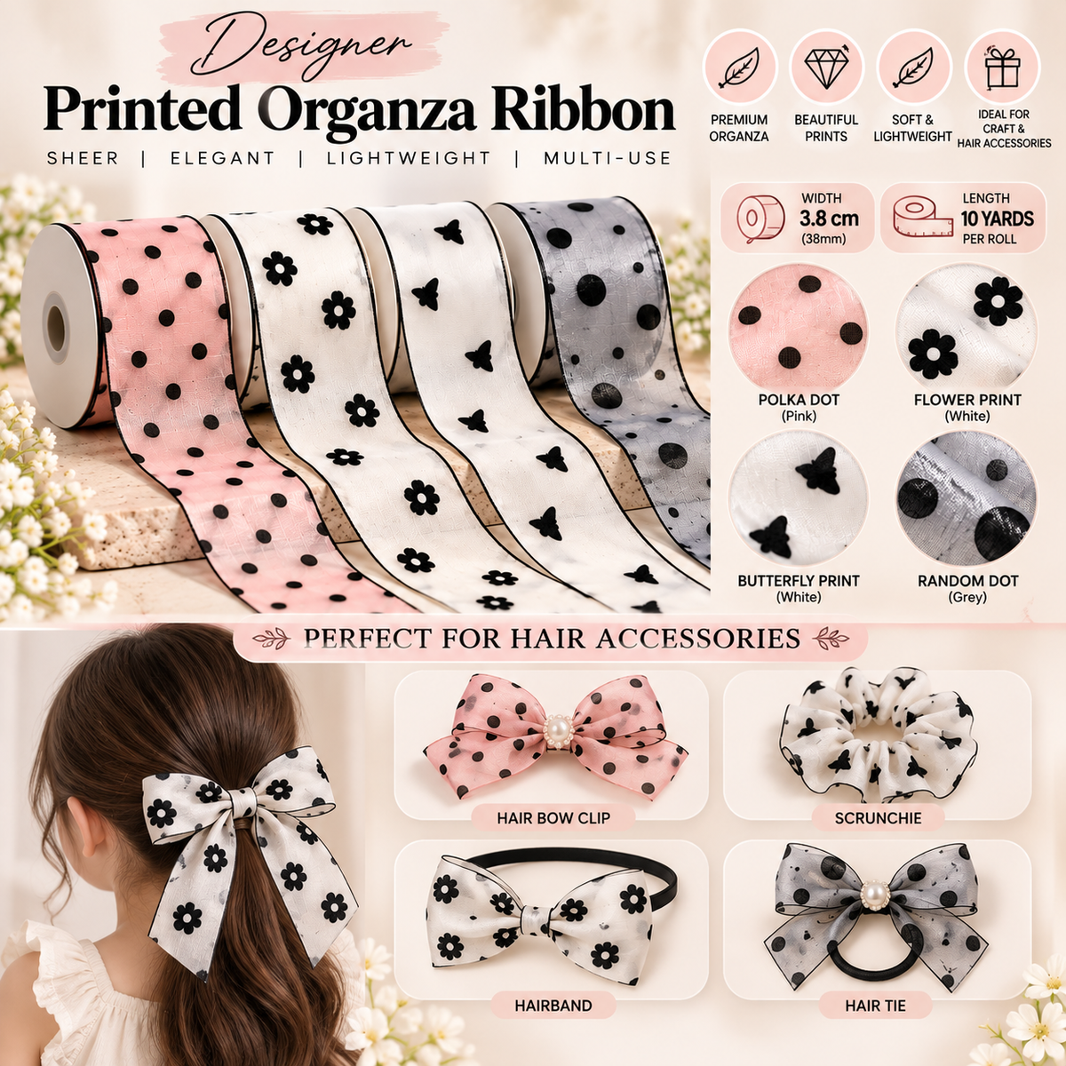 Designer Printed Organza Ribbon | 38mm (3.8cm) | 10 Yards