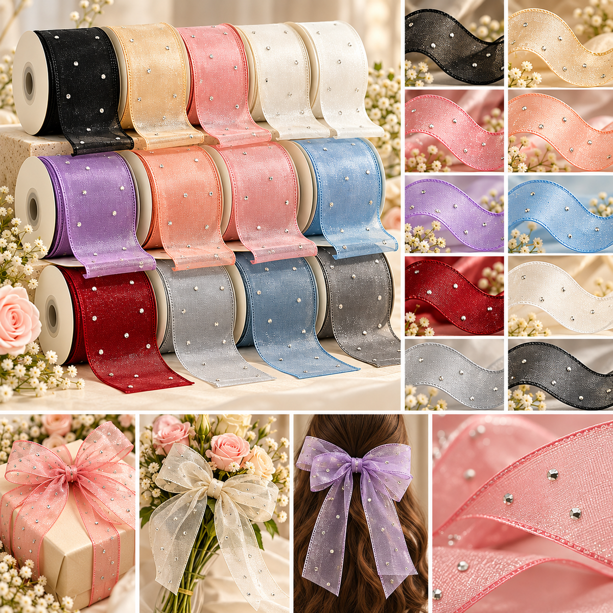 Premium Organza Ribbon with Rhinestone Embellishment – 4cm (40mm), 10 Yards