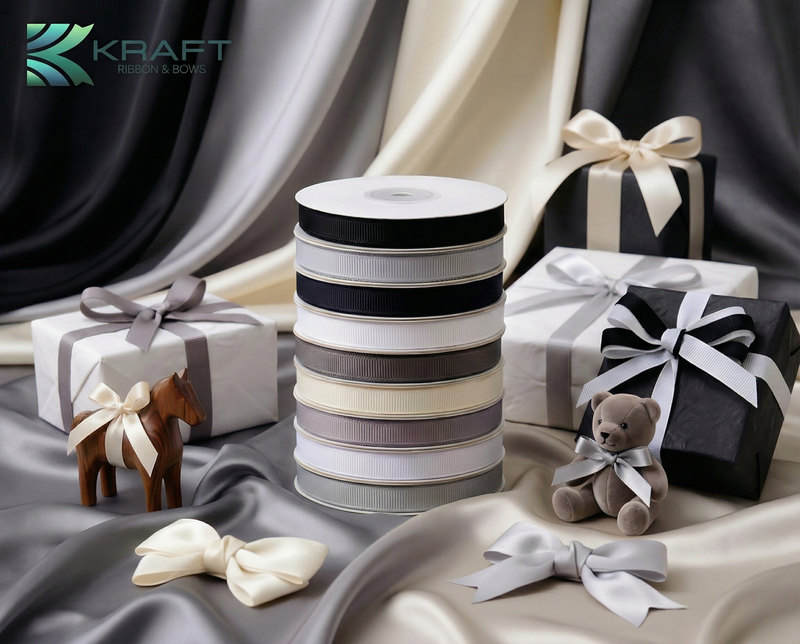 Premium grosgrain ribbon white, grey and black series
